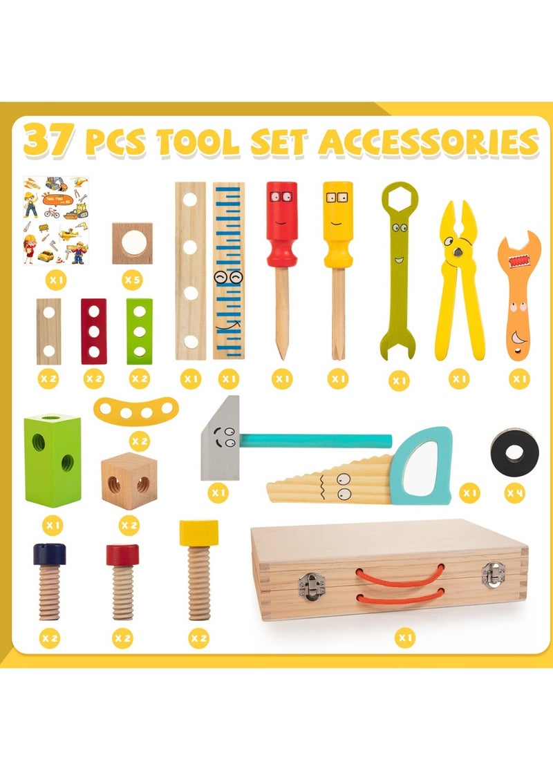 37 Pieces Kids Tool Set Pretend To Play Toddler Wooden Tool Toys With Toolbox Educational Dry Structure Toys For 2 3 4 5 6 Year Old Boys And Girls Birthday Gifts