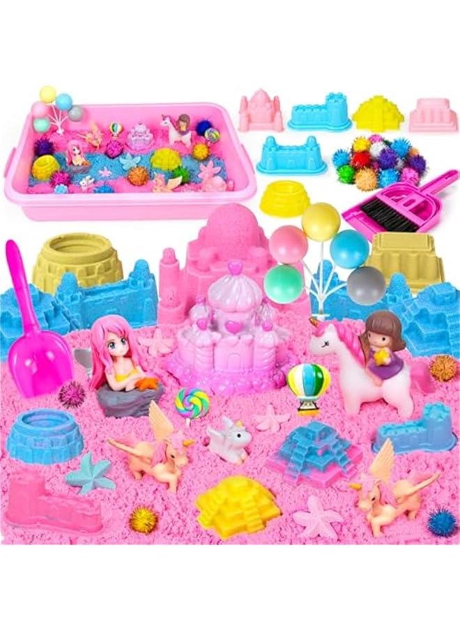 Unicorn Sensory Bin, 47Pcs Sandbox Play Sand Set Sensory Bins for Kids Toddlers Sensory Toys with Magic Sand, Unicorns, Castle Moulds, Mermaid, Tools, Sand Art Kit for Girls Ages 3 4 5 6 7 8 Gift