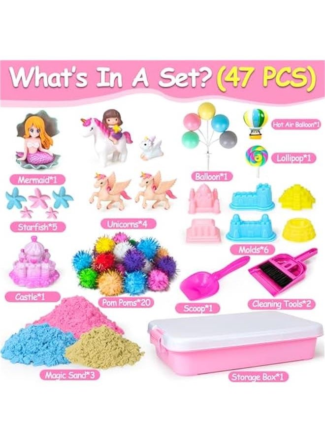 Unicorn Sensory Bin, 47Pcs Sandbox Play Sand Set Sensory Bins for Kids Toddlers Sensory Toys with Magic Sand, Unicorns, Castle Moulds, Mermaid, Tools, Sand Art Kit for Girls Ages 3 4 5 6 7 8 Gift