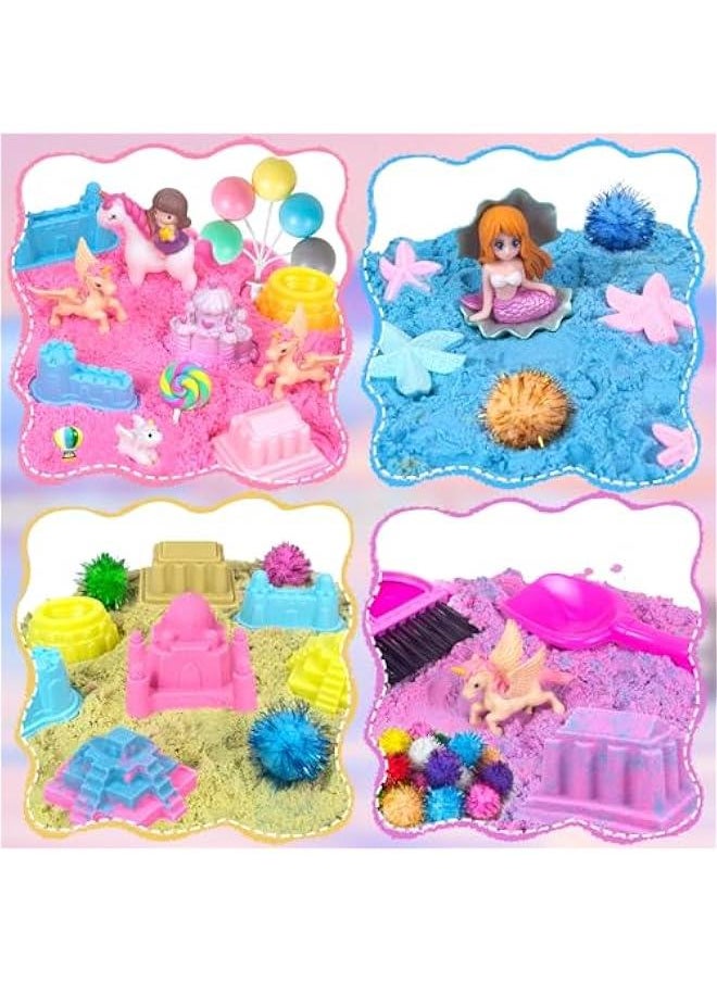 Unicorn Sensory Bin, 47Pcs Sandbox Play Sand Set Sensory Bins for Kids Toddlers Sensory Toys with Magic Sand, Unicorns, Castle Moulds, Mermaid, Tools, Sand Art Kit for Girls Ages 3 4 5 6 7 8 Gift