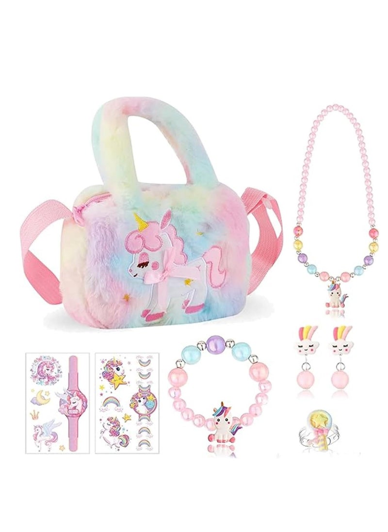 Unicorn Gifts for Girls, 8 PCS Unicorn Crossbody Bag Purse with Jewelry Set, Rainbow Plush Unicorn Princess Necklace Bracelet Rings Earrings Stickers Handbag Gifts Accessories Jewelry Party Favors