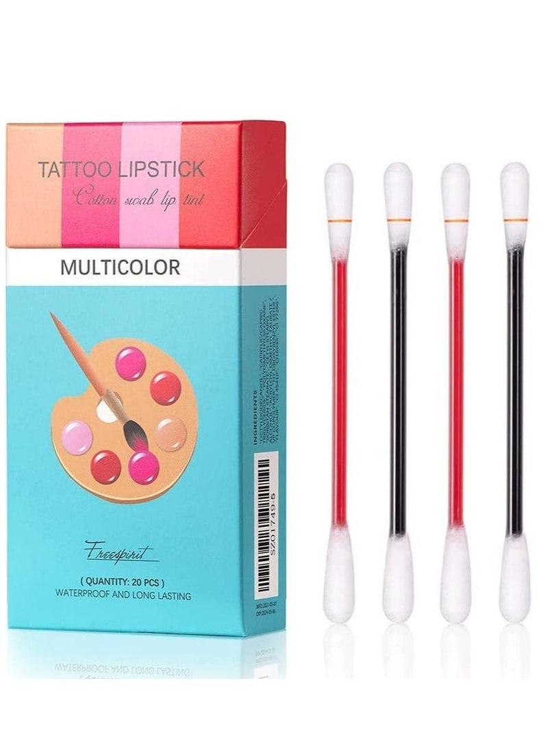 20Pcs Cotton Swab Tattoo Lipstick, Tattoo Lipstick Cotton Swab Lip Tint, Waterproof Non-Stick Tattoo Lipstick Cotton Swab Lip Tint, Long Lasting Lip Gloss Cotton Swab Matte (Multicolor)