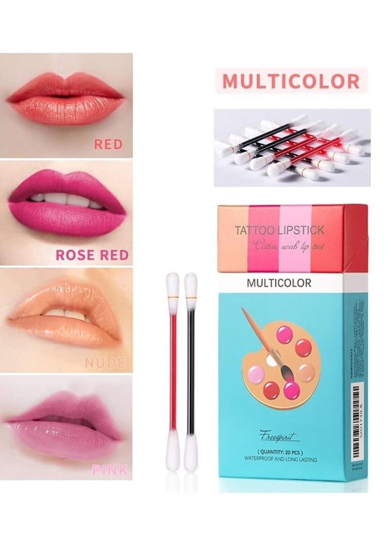 20Pcs Cotton Swab Tattoo Lipstick, Tattoo Lipstick Cotton Swab Lip Tint, Waterproof Non-Stick Tattoo Lipstick Cotton Swab Lip Tint, Long Lasting Lip Gloss Cotton Swab Matte (Multicolor)