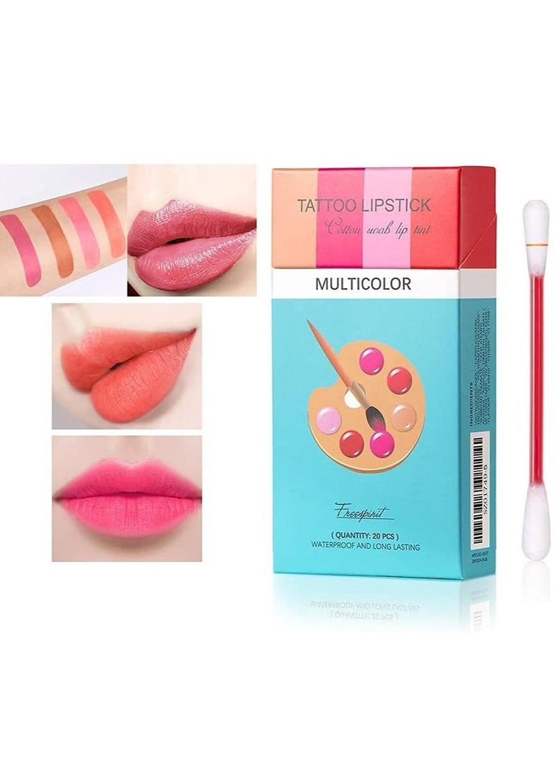 20Pcs Cotton Swab Tattoo Lipstick, Tattoo Lipstick Cotton Swab Lip Tint, Waterproof Non-Stick Tattoo Lipstick Cotton Swab Lip Tint, Long Lasting Lip Gloss Cotton Swab Matte (Multicolor)