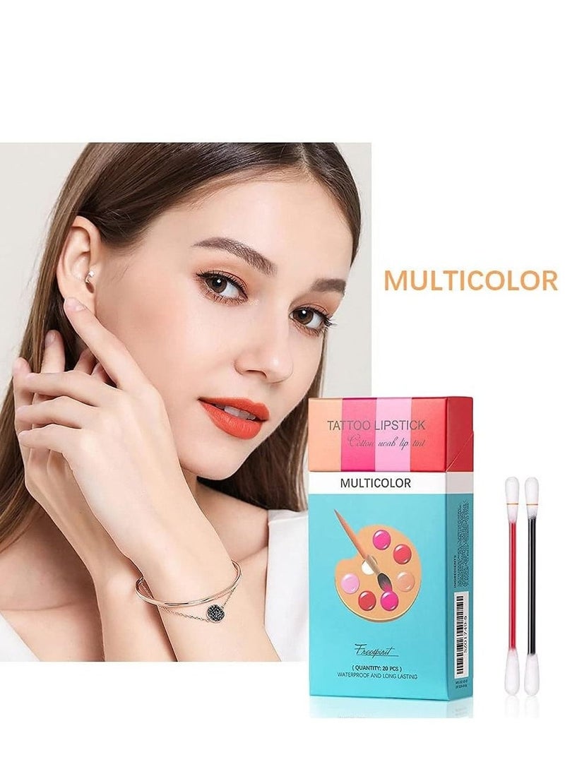 20Pcs Cotton Swab Tattoo Lipstick, Tattoo Lipstick Cotton Swab Lip Tint, Waterproof Non-Stick Tattoo Lipstick Cotton Swab Lip Tint, Long Lasting Lip Gloss Cotton Swab Matte (Multicolor)