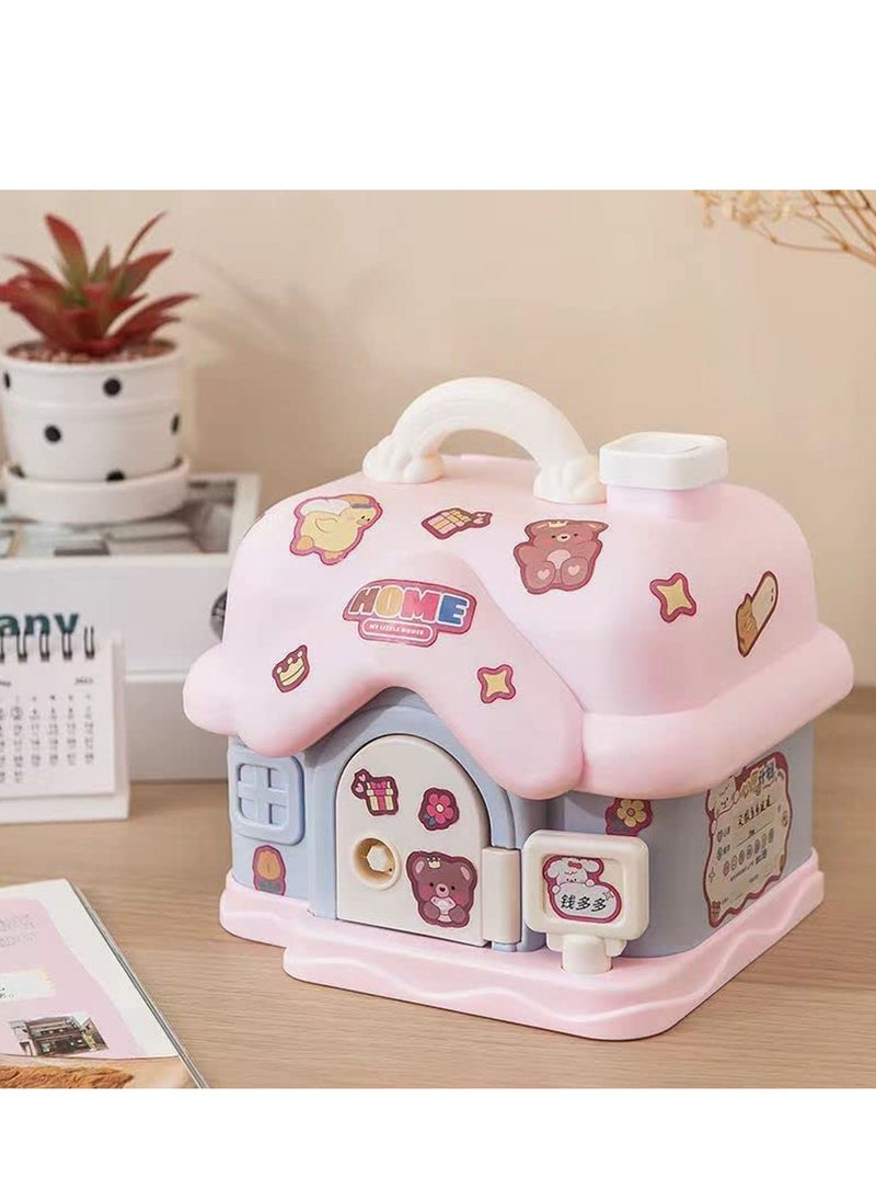 Bank for Kids, Fairy Tales Cottage Bank with DIY Sticker Gift Key, Lovely Cream House Money Coin Bank Box for Girl, Great for Children's Birthday Gift or Home Decoration