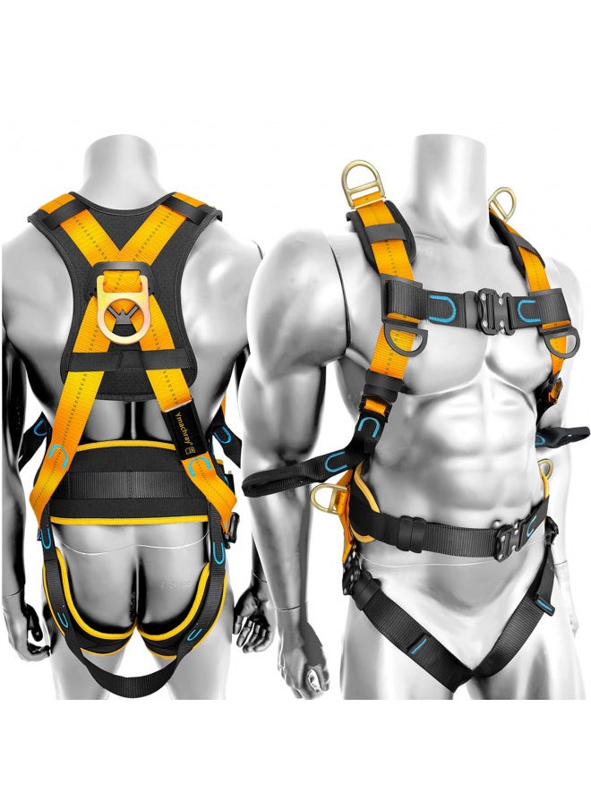 Ymachray Fall Protection Full-Body Safety Harness, Vented & Padded Shoulder, Legs & Back, 6 Thick Back Support Belt,5 Heavy Duty D-rings, Tongue Buckle, Quick Release (OSHA/ANSI)