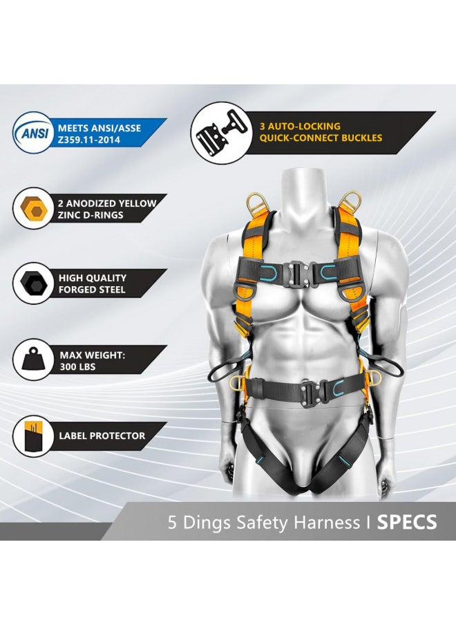 Ymachray Fall Protection Full-Body Safety Harness, Vented & Padded Shoulder, Legs & Back, 6 Thick Back Support Belt,5 Heavy Duty D-rings, Tongue Buckle, Quick Release (OSHA/ANSI)