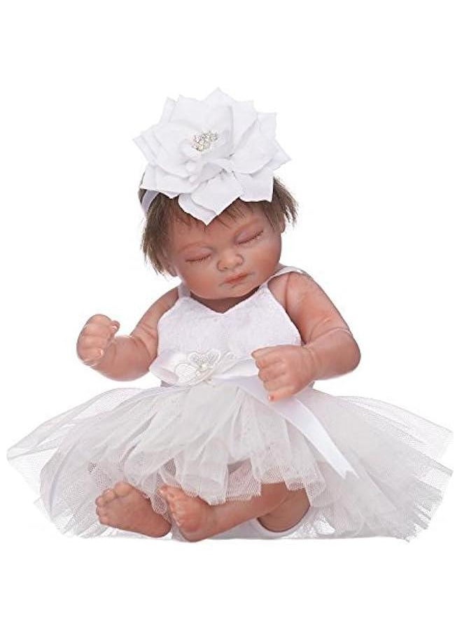 10 Inch 26cm Mini Full Body Reborn Doll Silicone Baby Girl Hard Vinyl Realistic Looking Baby Dolls Kids Xmas Gift (White Dress)