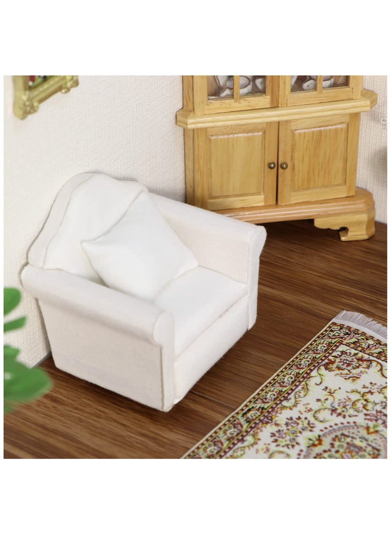 Dollhouse Couch With Pillow, 1 : 12 Scale Miniature Sofa Arm Chair Living Room Furniture Wooden Fabric Frame Single Reading Chair Artificial House Room Scene Decoration, White