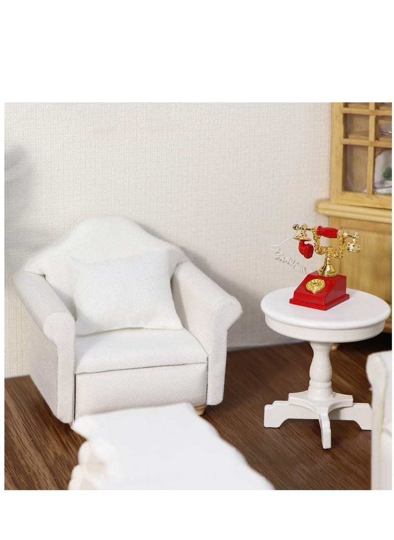 Dollhouse Couch With Pillow, 1 : 12 Scale Miniature Sofa Arm Chair Living Room Furniture Wooden Fabric Frame Single Reading Chair Artificial House Room Scene Decoration, White