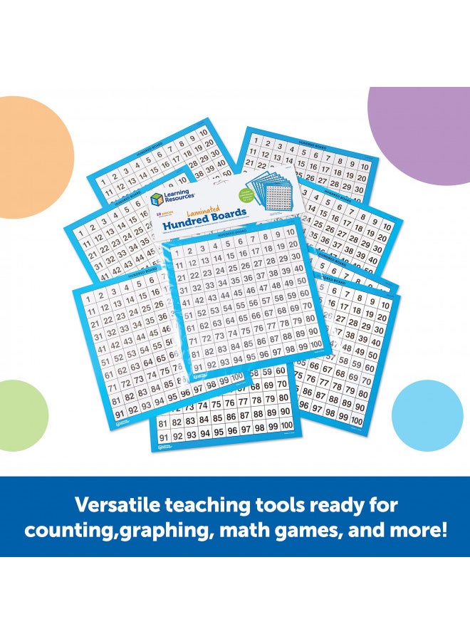 Learning Resources Laminated Hundred Boards, Dry-Erase Counting Aid, Set of 10, Ages 5+, Multicolor, Model:LER0375