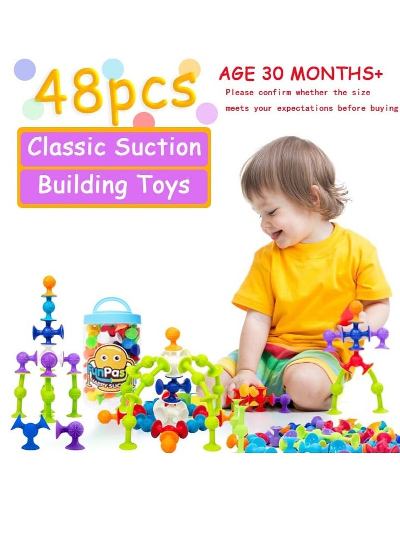 48 Piece Suction Cup Toys Bath Toys for Kids Ages 3+, Building Sensory Toys for Autistic Children, Travel Toys Window Toys Stem Learning Toys, Bathtub Toys with Storage for Kids