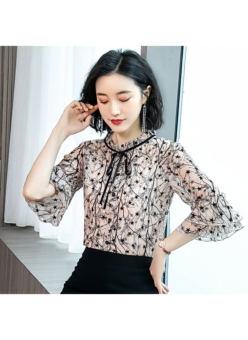 Floral Chiffon Lace Blouse Spring Summer Womens Fashion Black