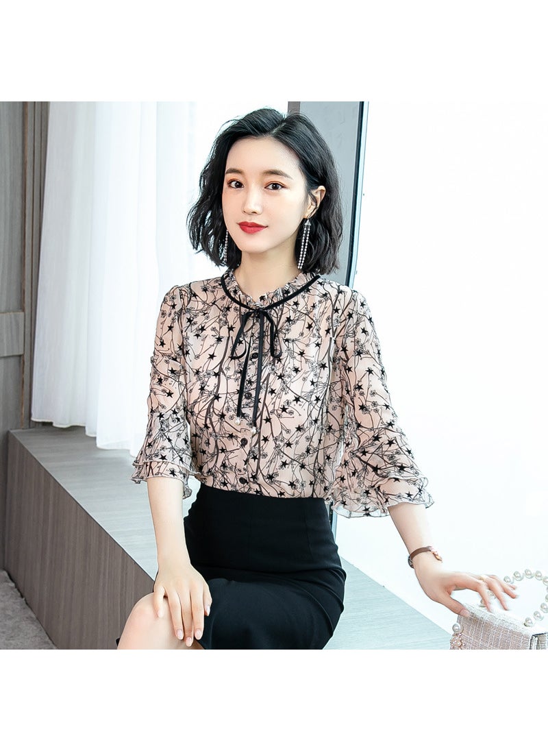 Floral Chiffon Lace Blouse Spring Summer Womens Fashion Black