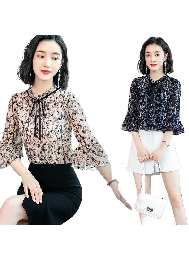 Floral Chiffon Lace Blouse Spring Summer Womens Fashion Black