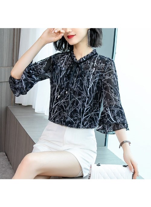 Floral Chiffon Lace Blouse Spring Summer Womens Fashion Black