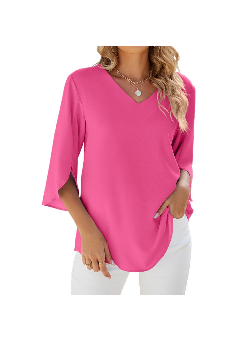 2024 Spring Summer Solid V-Neck Chiffon Blouse rose red