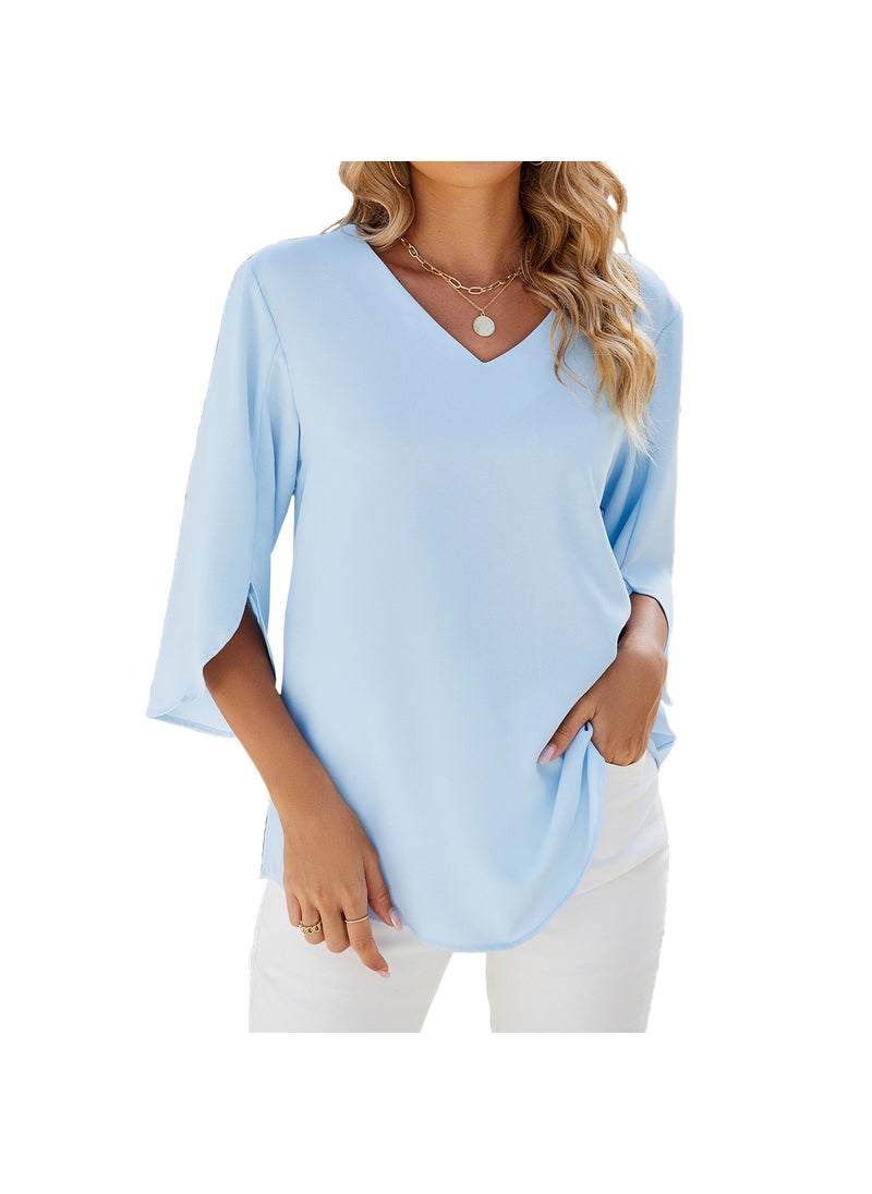 2024 Spring Summer Solid V-Neck Chiffon Blouse Sky Blue