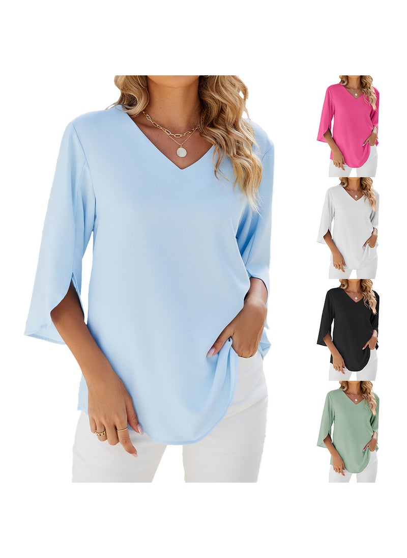 2024 Spring Summer Solid V-Neck Chiffon Blouse Sky Blue