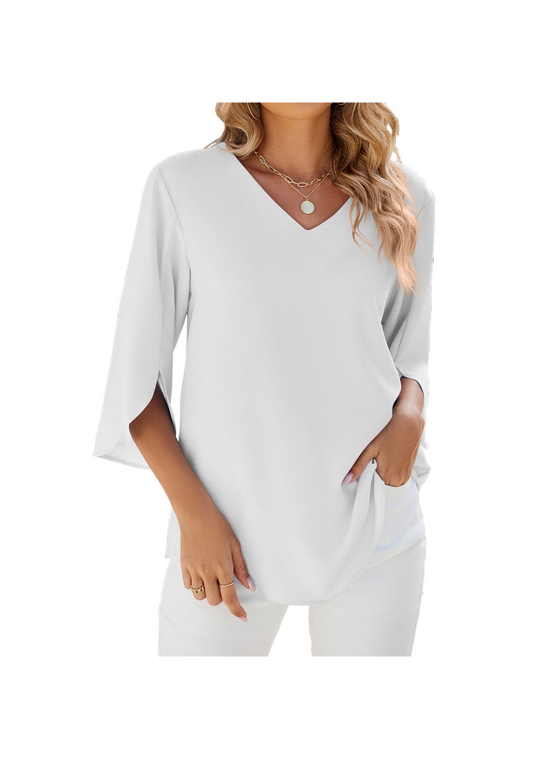 2024 Spring Summer Solid V-Neck Chiffon Blouse White