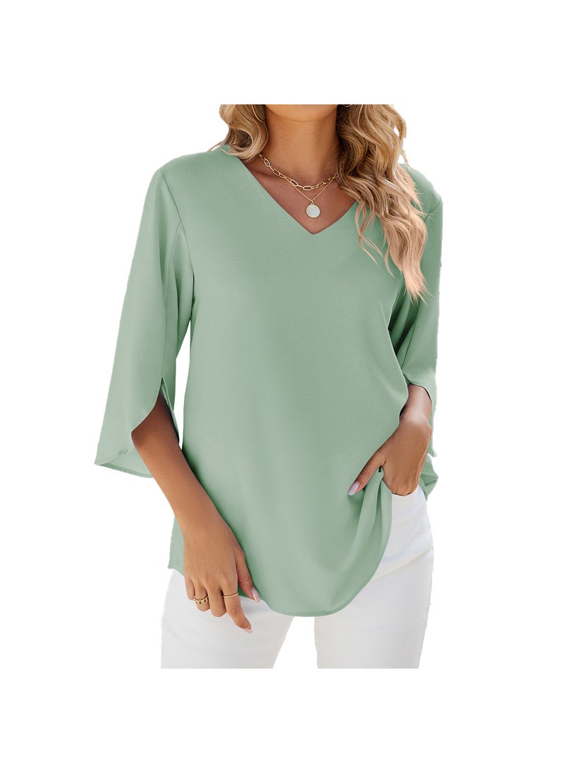 2024 Spring Summer Solid V-Neck Chiffon Blouse bean green