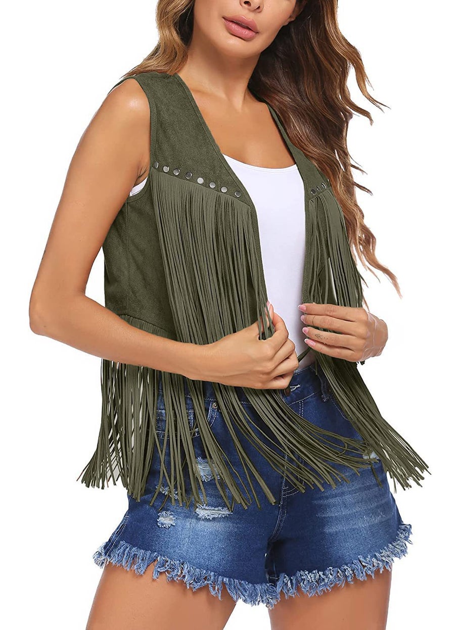 Summer Tassel Suede Vest Cardigan for Women Khaki