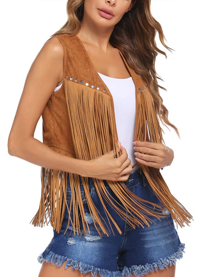 Summer Tassel Suede Vest Cardigan for Women Khaki