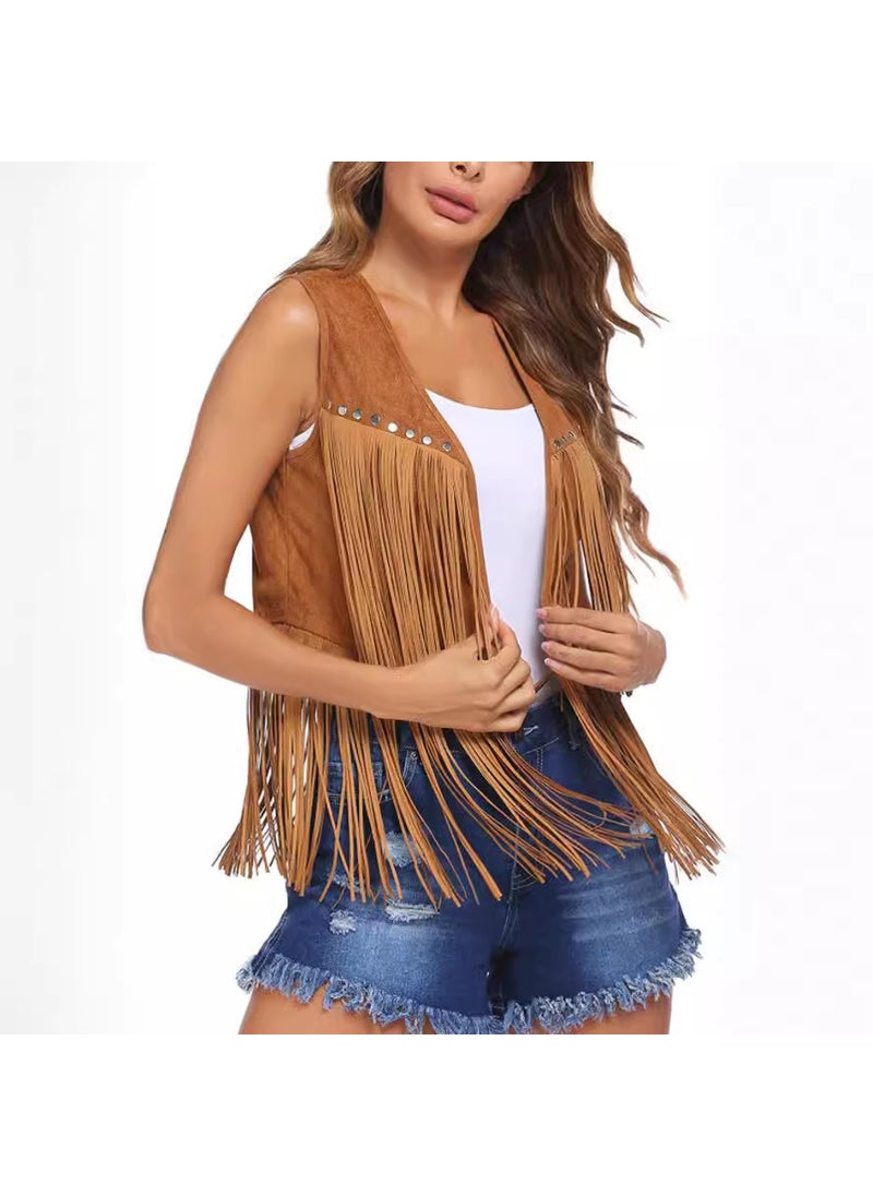 Summer Tassel Suede Vest Cardigan for Women Khaki