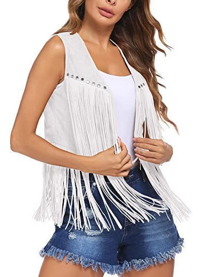 Summer Tassel Suede Vest Cardigan for Women Khaki