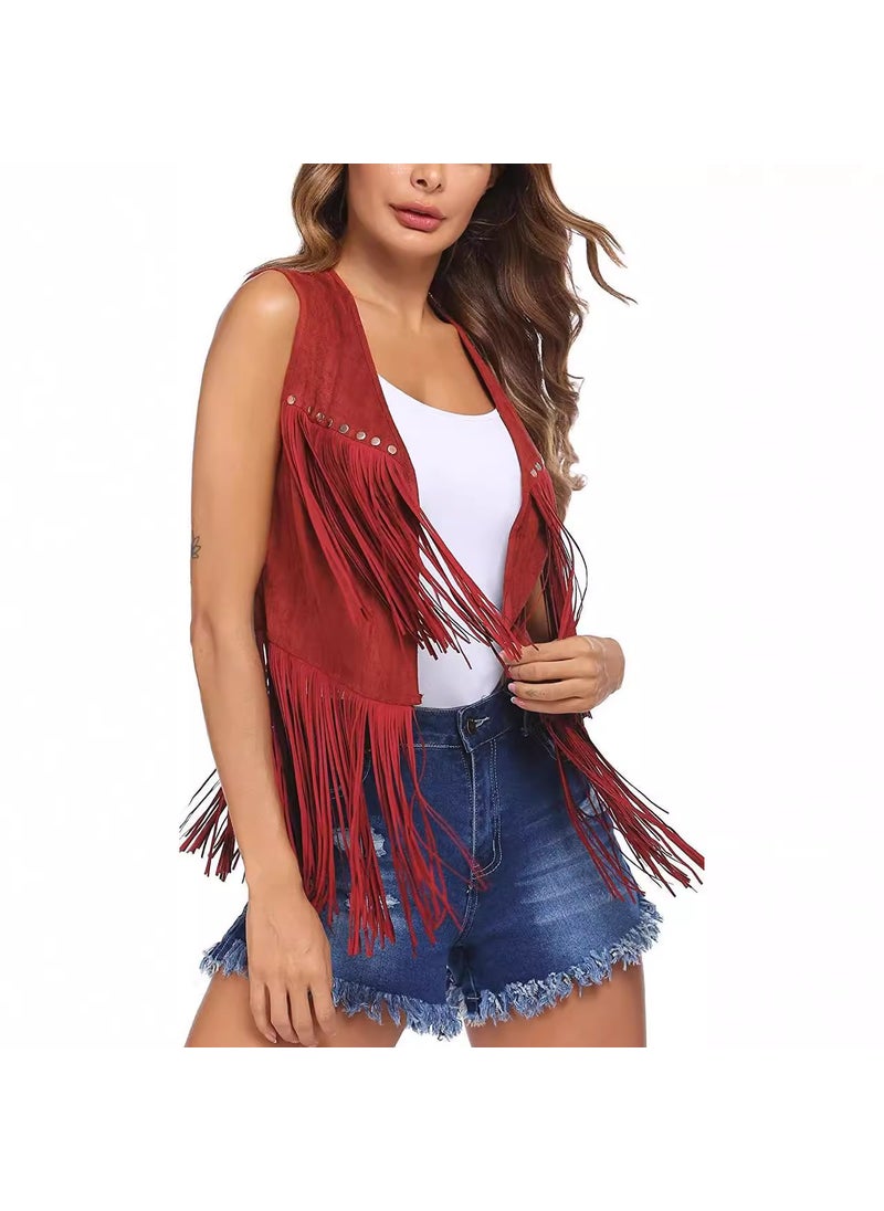 Summer Tassel Suede Vest Cardigan for Women Red