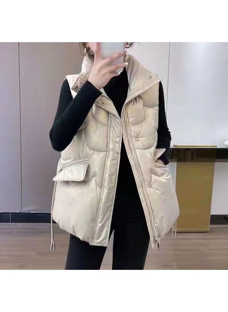 Womens Puffer Vest Sleeveless Fashion Autumn Winter Creamy-white