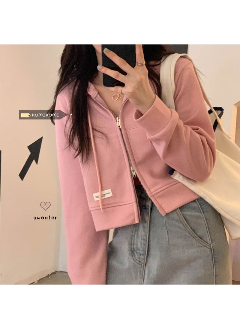 Slim Zip-Up Hoodie Pink Casual Crop Top gray