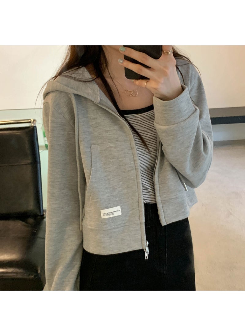 Slim Zip-Up Hoodie Pink Casual Crop Top gray