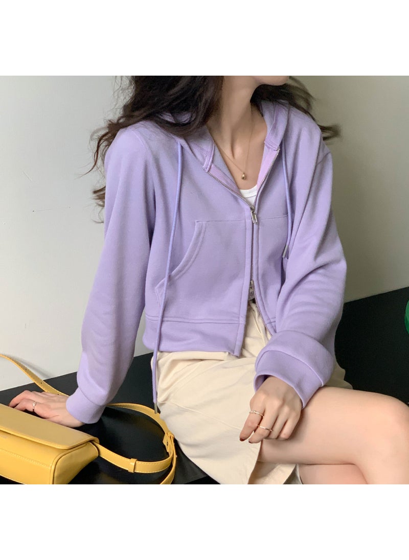 Slim Zip-Up Hoodie Pink Casual Crop Top gray