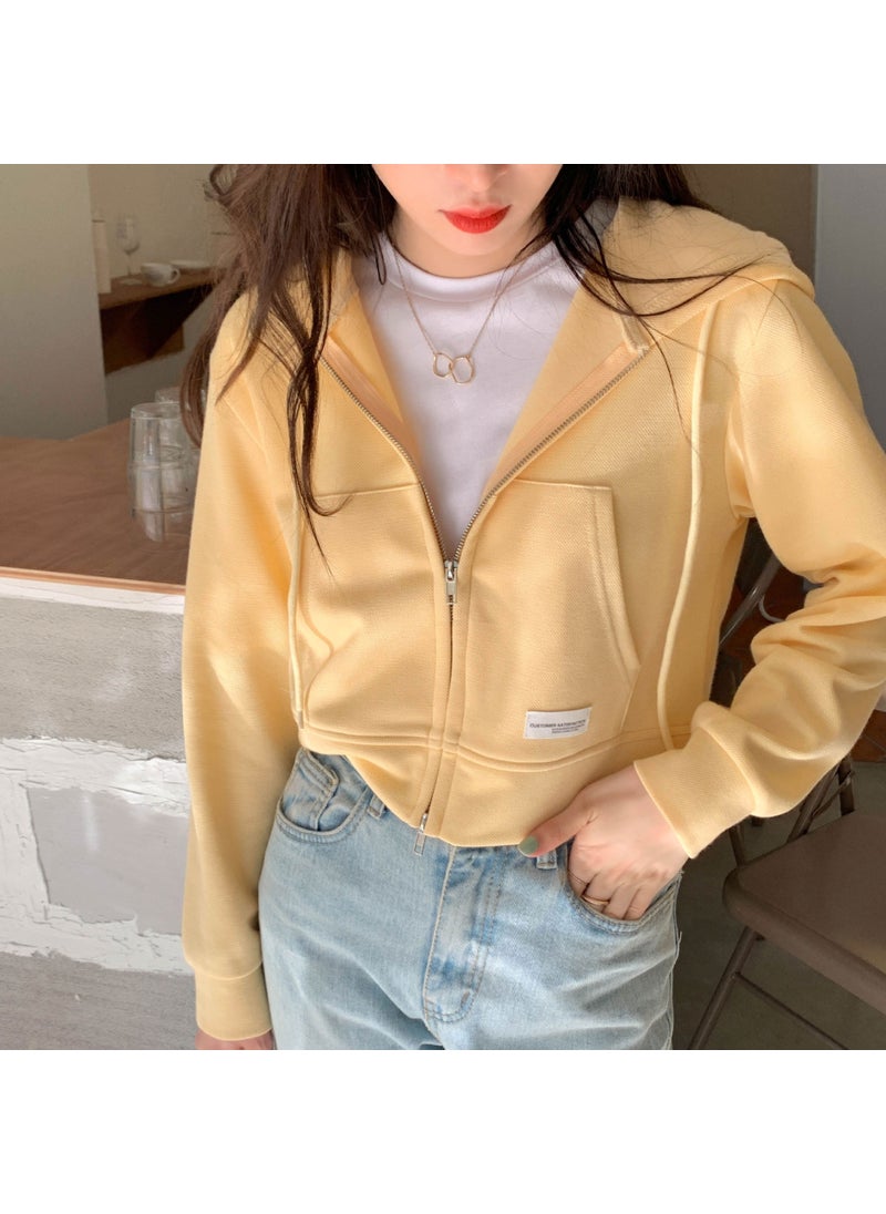 Slim Zip-Up Hoodie Pink Casual Crop Top yellow