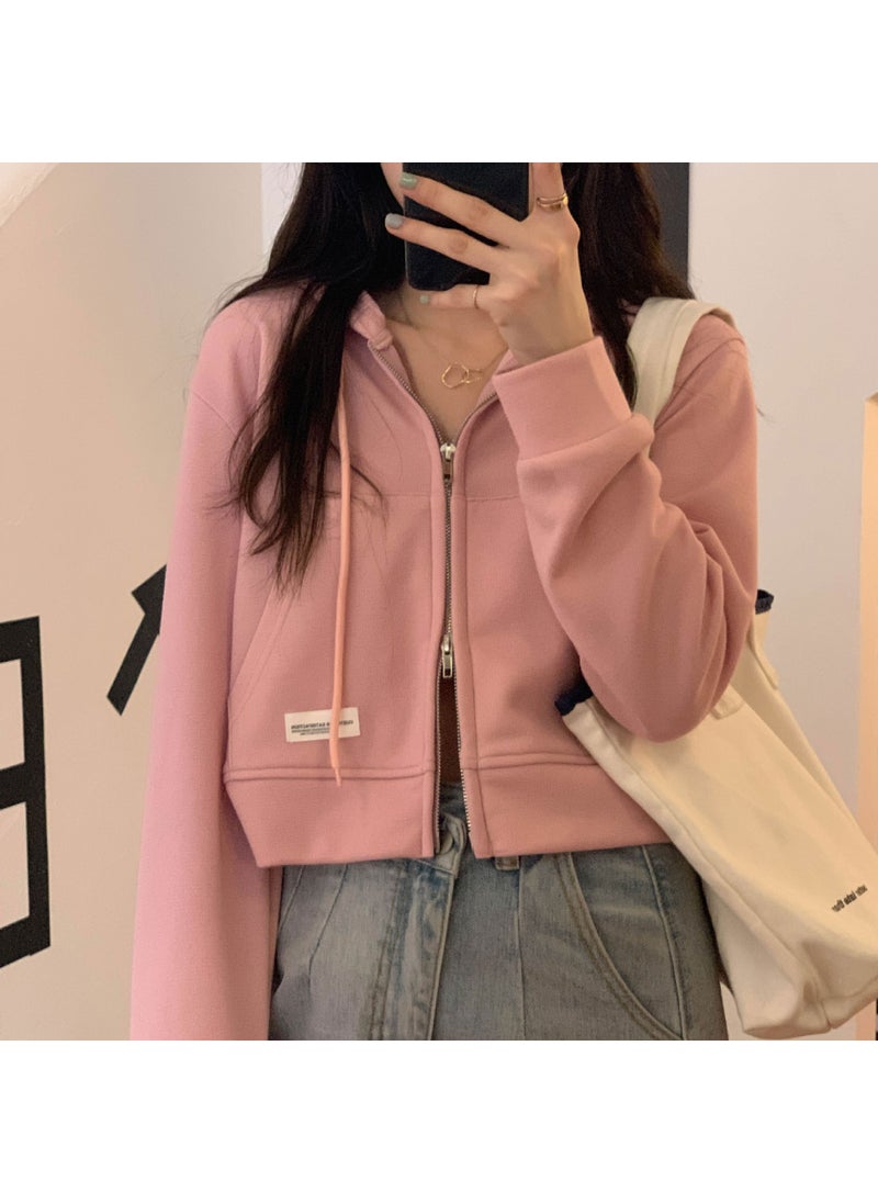 Slim Zip-Up Hoodie Pink Casual Crop Top pink