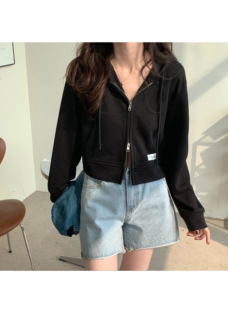 Slim Zip-Up Hoodie Pink Casual Crop Top black