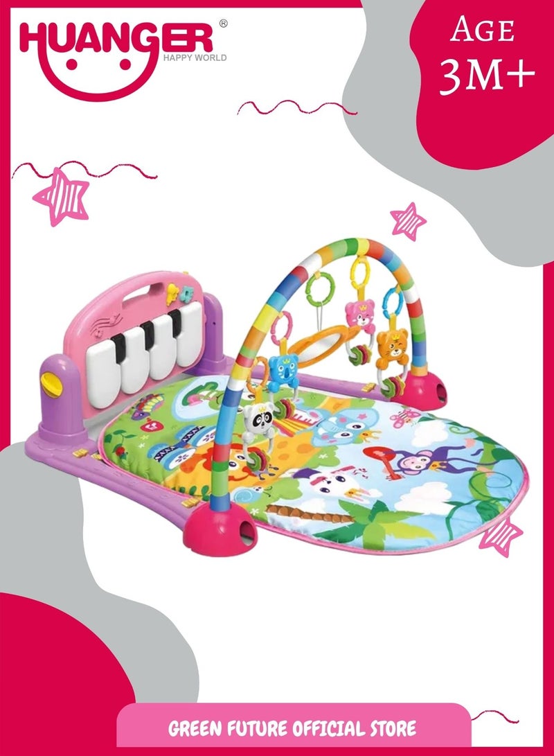 Baby Playmat w/ Piano Music, 2 in 1 Hanging Toys and Soft Mat for Newborns and Infants, Early Learning Activity Mat, Pink