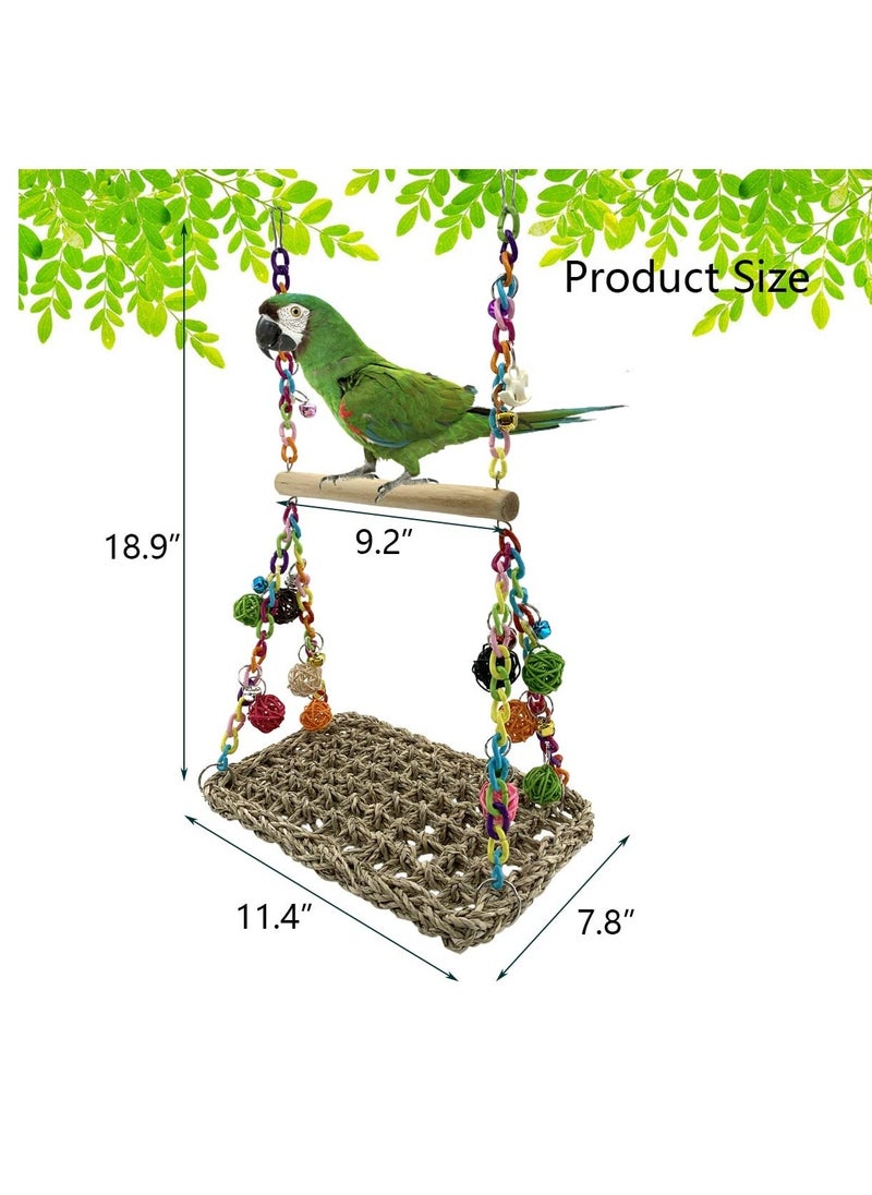 Bird Seagrass Swing Toys with Wood Perch Bird Parrot Trapeze Swing Seagrass Bird Climbing Hammock Bird Perch Stand Chewing Toy for Lovebird, Cockatiel, Budgie, Conure Parrotlet