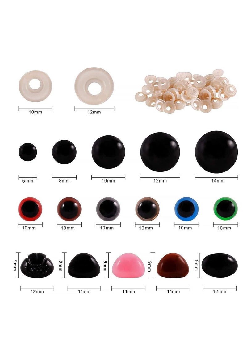 600PCS Plastic Safety Eyes and Noses, 6mm-14mm Colorful Crochet Toy Eyes and Noses with Washers for Craft Doll Puppet Plush Animal and Teddy Bear