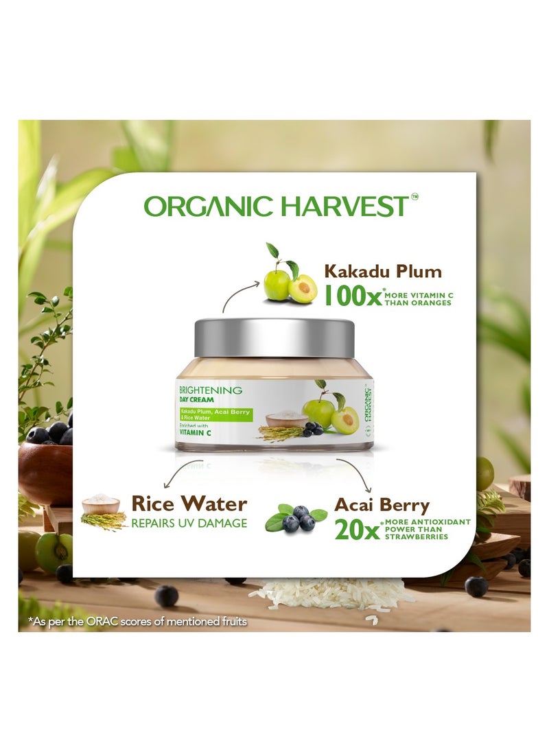 Organic Harvest Brightening Day Cream For Men/Women With Kakadu Plum, Acai Berry & Rice Water - 50gm