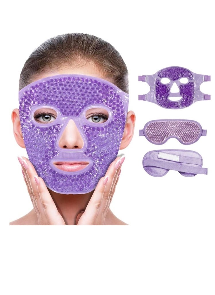 Cold Eye Masks Set, 2 Pcs Face Ice Pack and Gel Eye Mask, Reusable Cooling Face Mask Reduce Face Puffiness, Dark Circles, Gel Beads Hot Heat Cold Compress Packs for Headache, Puffy Eye (Purple)