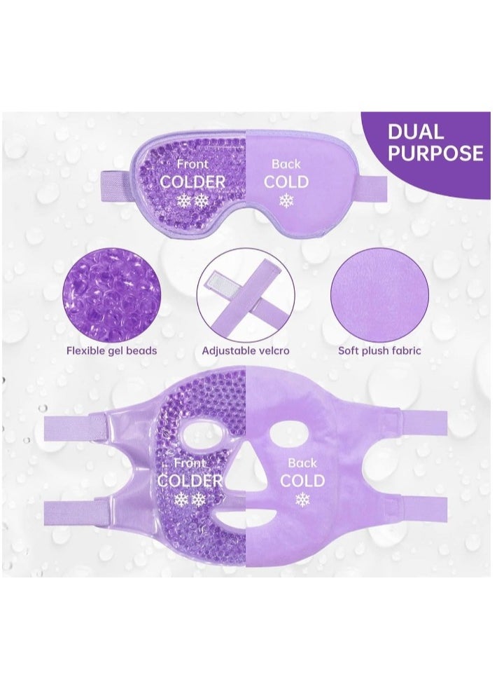 Cold Eye Masks Set, 2 Pcs Face Ice Pack and Gel Eye Mask, Reusable Cooling Face Mask Reduce Face Puffiness, Dark Circles, Gel Beads Hot Heat Cold Compress Packs for Headache, Puffy Eye (Purple)