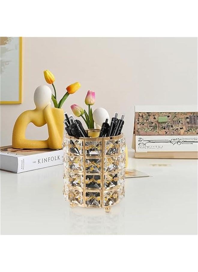 Crystal Cup Pen Holder, Multi Purpose Use Pen Holder, Pencil Pen Holder Desktop Organizers for Desk Office (Gold)