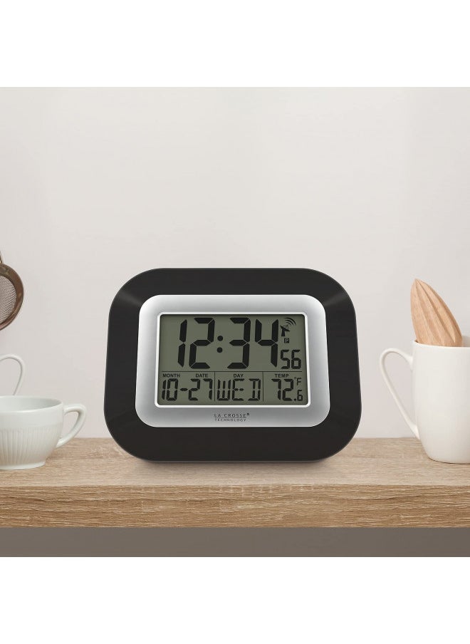 La Crosse Technology WT-8005U-B-INT WT-8005U-B Atomic Digital Wall Clock with Indoor Temperature, Black, 8.95