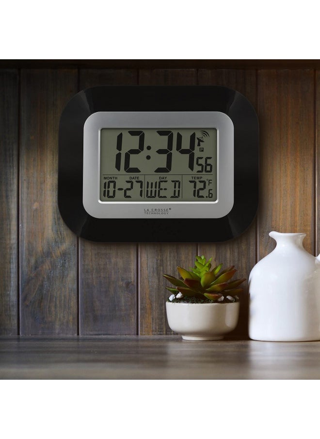 La Crosse Technology WT-8005U-B-INT WT-8005U-B Atomic Digital Wall Clock with Indoor Temperature, Black, 8.95