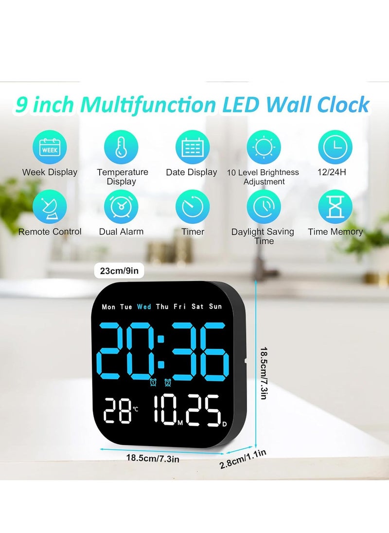 Digital Wall Clock, 10.5” LED Alarm Clock for Bedroom, with Remote Control,Date and Temperature,10 Level Brightness, Auto Dimming, for Living Room Office Gym Shop Decor