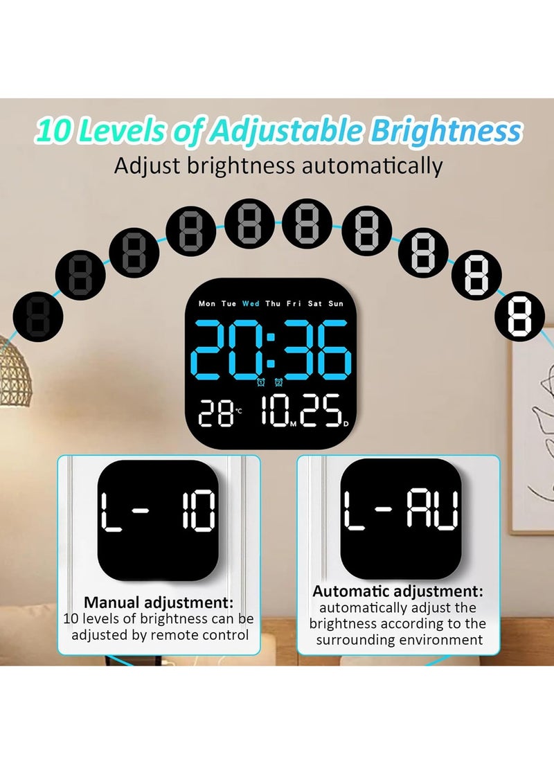 Digital Wall Clock, 10.5” LED Alarm Clock for Bedroom, with Remote Control,Date and Temperature,10 Level Brightness, Auto Dimming, for Living Room Office Gym Shop Decor