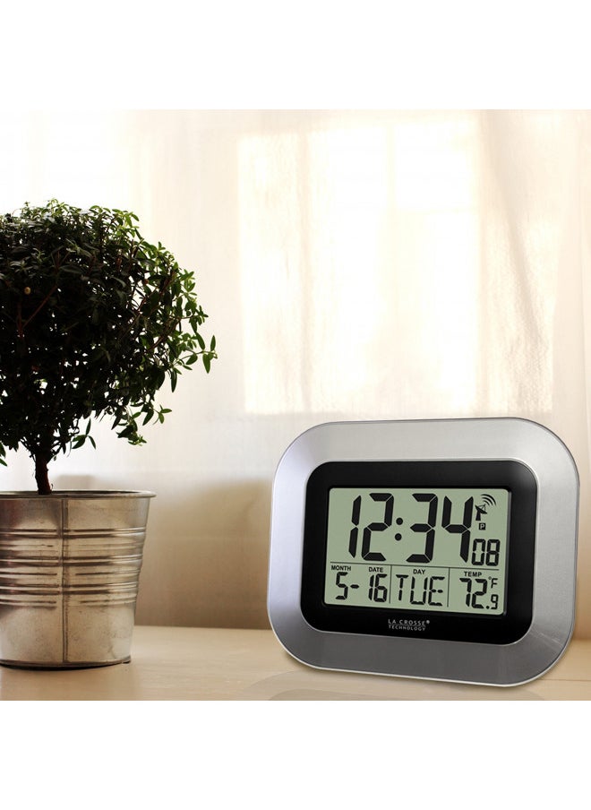 La Crosse Technology WT-8005U-S Atomic Digital Wall Clock with Indoor Temperature, Silver